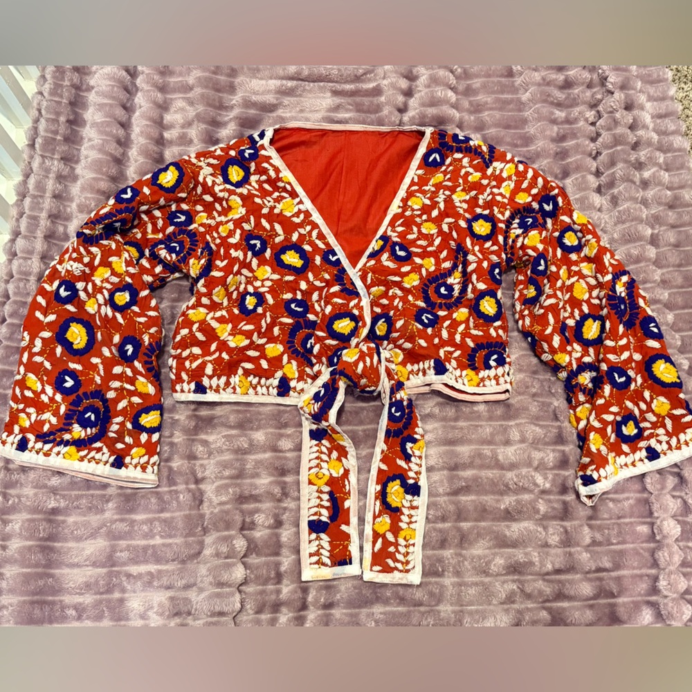 Red Floral Women's Jacket with Tie Front - Hand Embroidered